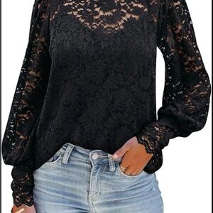 Dorose Black Lace Fitted Long Sleeve Blouse